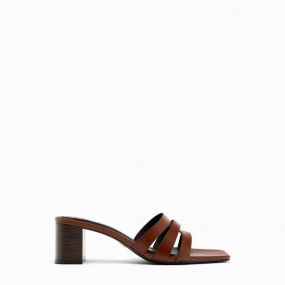 ZARA BLOCK HEEL LEATHER MULES BROWN SIZE 7.5 | 1310/110 - Picture 2 of 4
